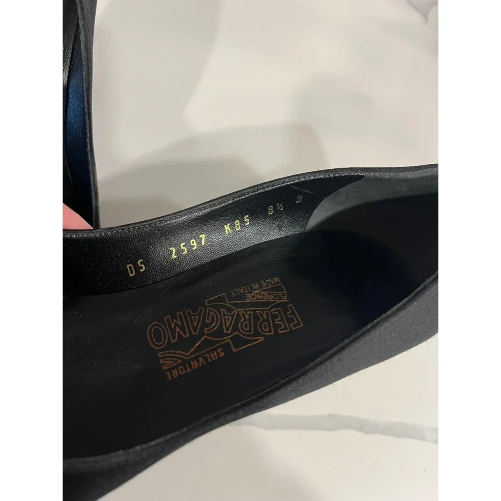 Vintage Salvatore Ferragamo Black Satin Peep Toe Bow Heels Size‎ 8.5 Italy Pumps